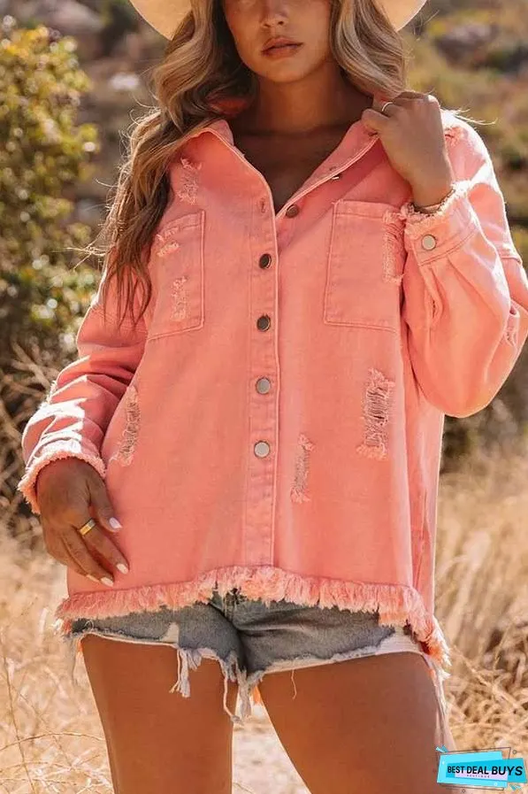 Distressed Raw Hem Denim Jacket with Chest Pockets