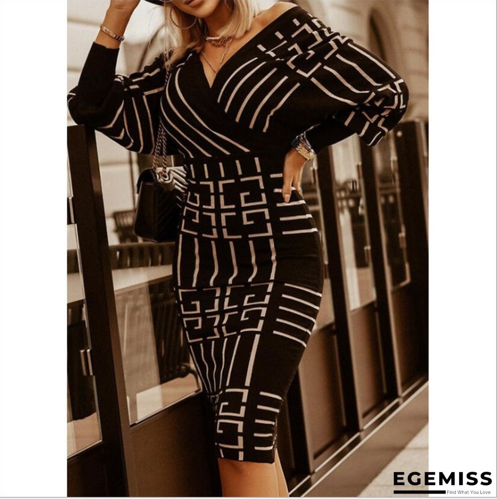 Fashion Printed Long Sleeve V-neck Waist Pack Hip Dress | EGEMISS