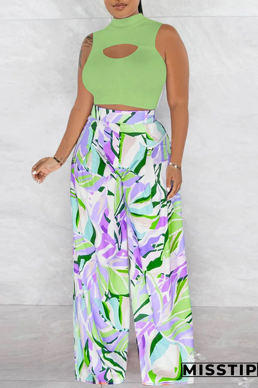 Light Green Casual Print Patchwork O Neck Sleeveless Two Pieces