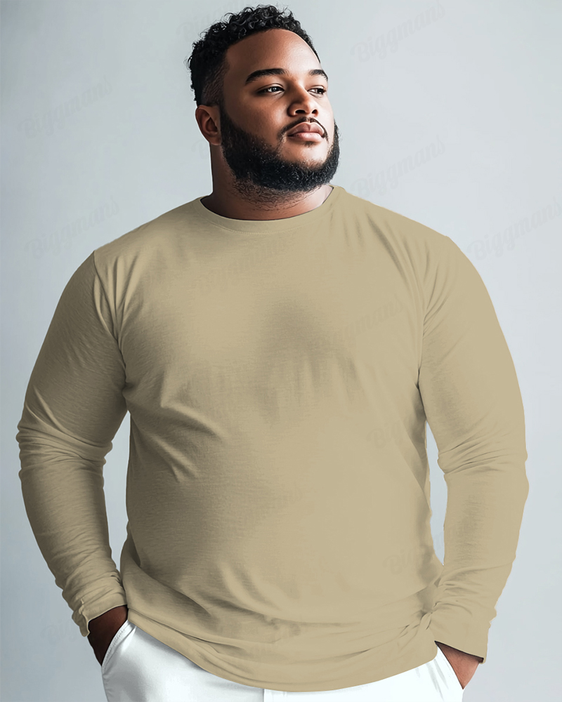 100 Cotton-All-Match Solid Color Men's Loose Plus Size Long-Sleeved T-Shirt