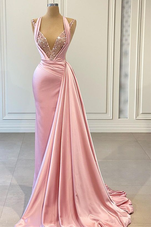 Dresseswow Pink Halter Mermaid Prom Dress Sleeveless V-Neck Ruffles With Sequins