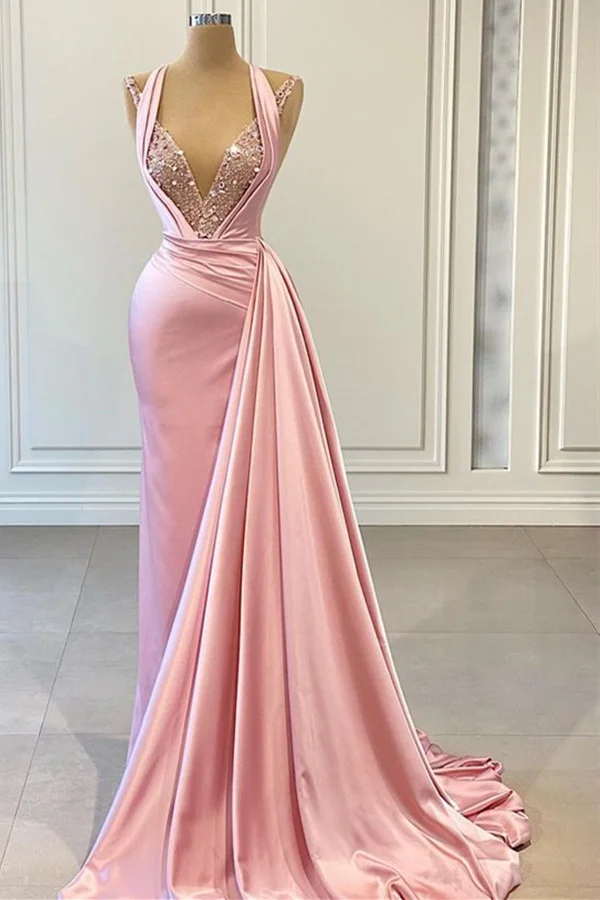 Bellasprom Pink Halter Mermaid Prom Dress Sleeveless V-Neck Ruffles With Sequins