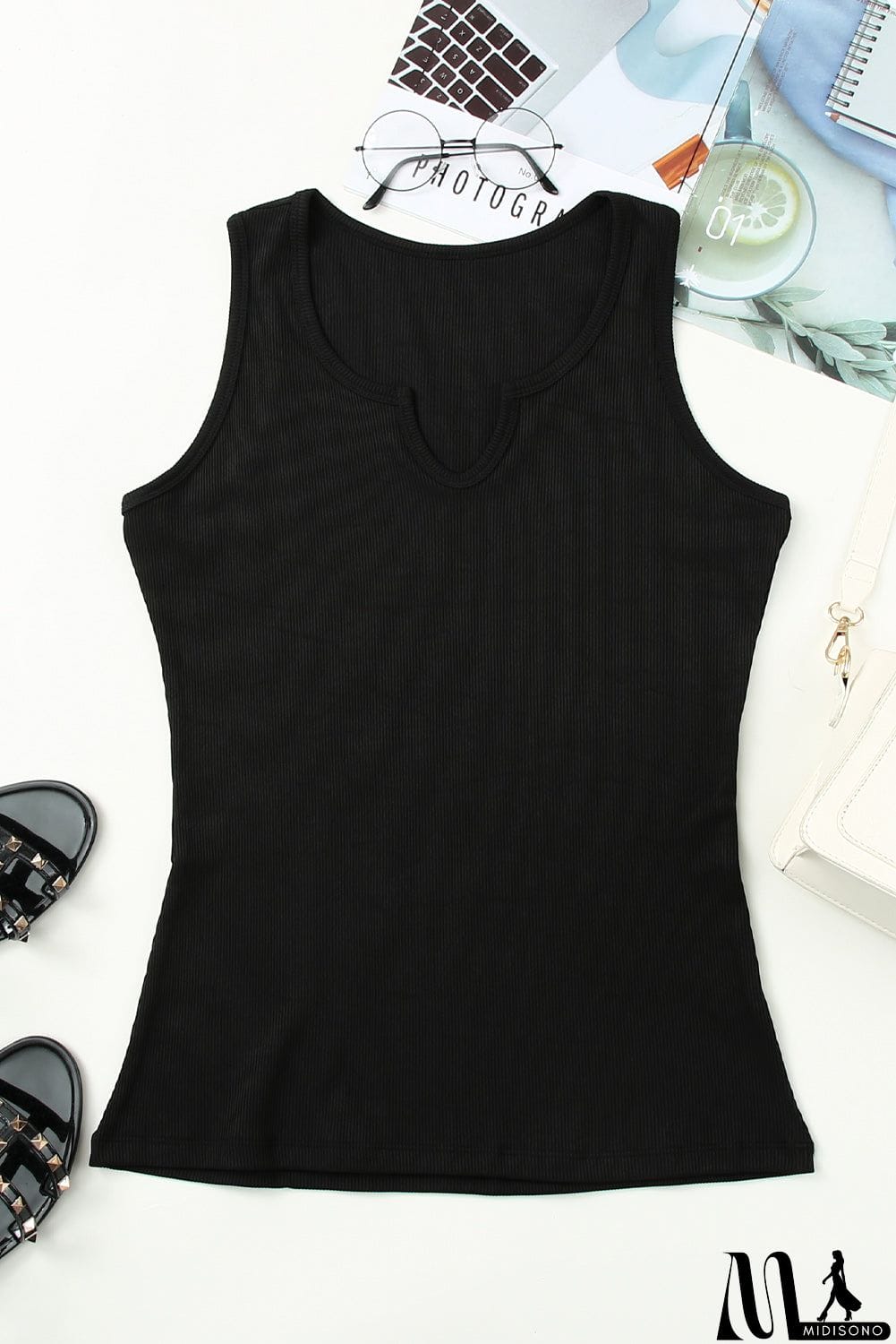 MidiSono - Casual Black Ribbed Knit Tank Top