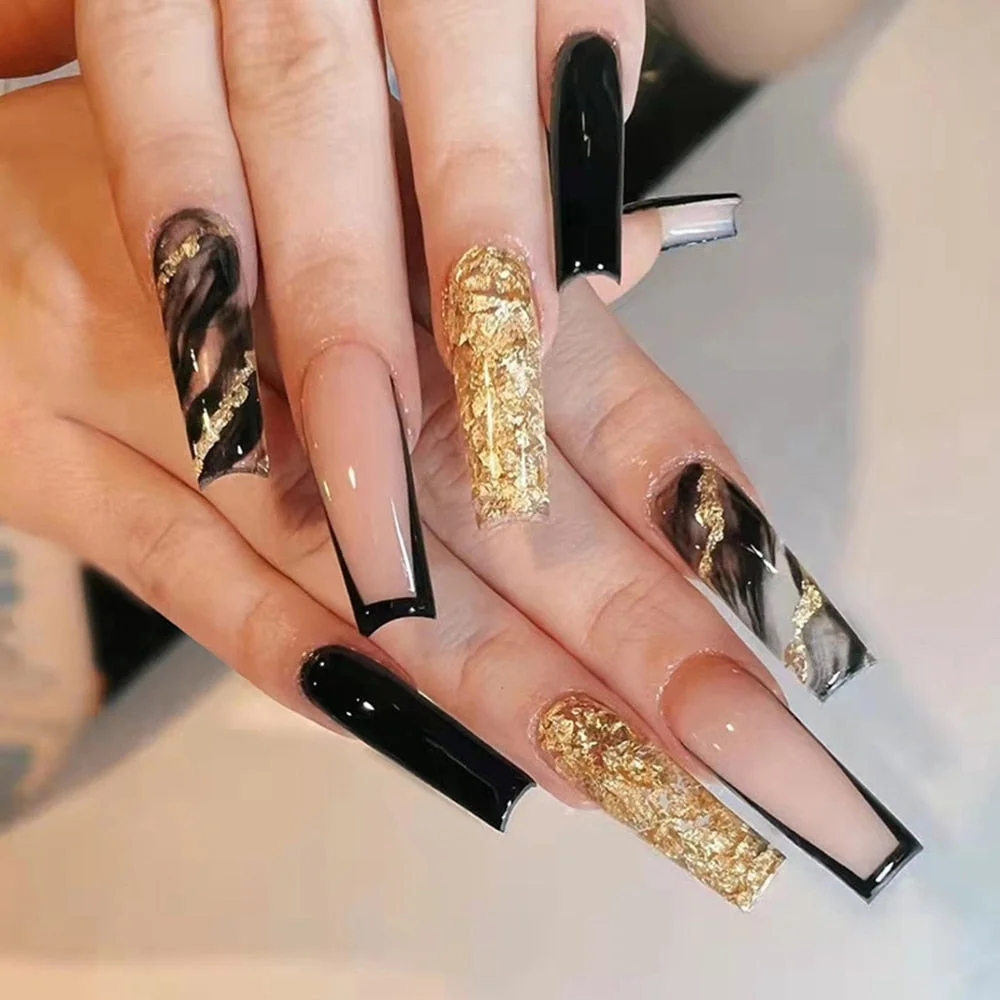 24pcs Detachable Black Smudge False Nails Long Golden Glitter Wearable Fake Nails Full Cover Nail Tip Marble Streak Press on Art