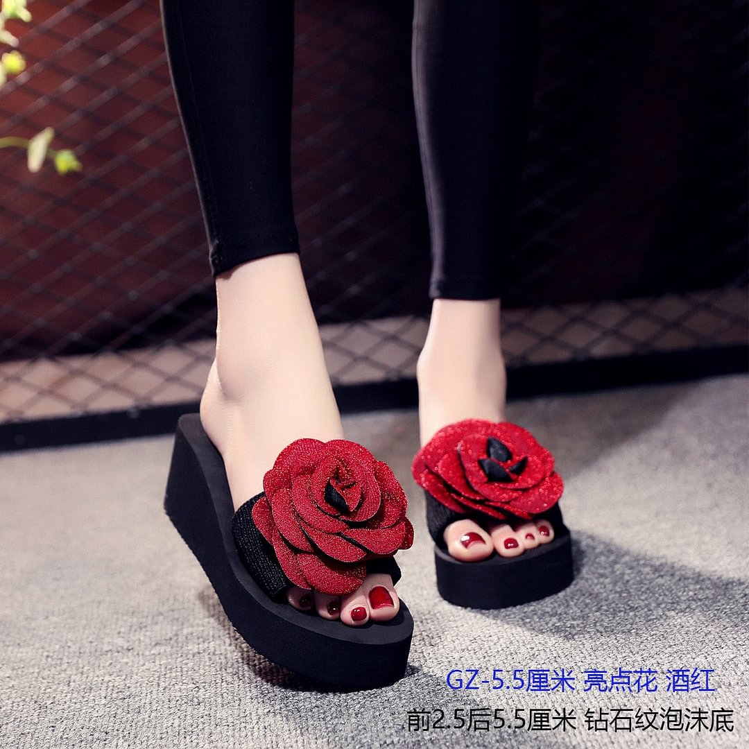High Heel Wedges Slippers For Elegant Women Summer Romantic Valentine Beach Casual Shoes Female Outdoor Open Toe Flower Slipper
