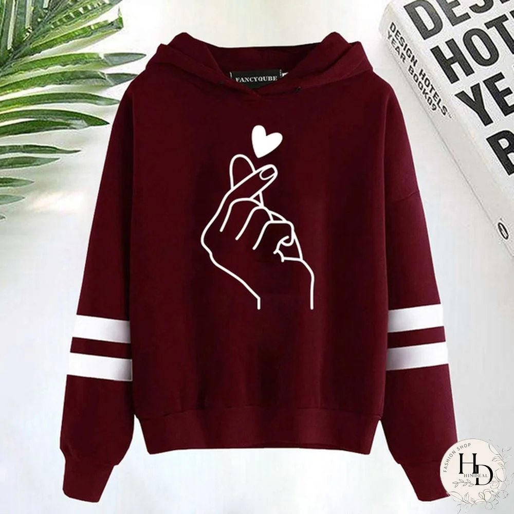 Fashion Love Gesture Style Hoodies Pullover Women Printed Casual Sport Outdoor Pocket Long Sleeve Hooded Sweatshirts Coat