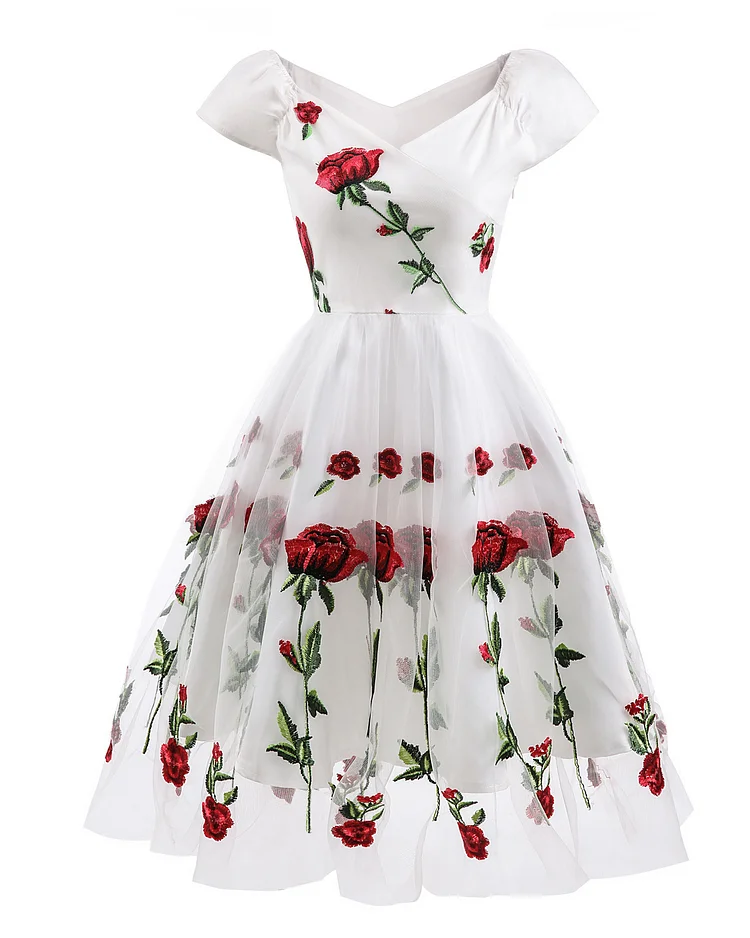 Rose Printed Round Neck Off-The-Shoulder Midi Dress - yankia