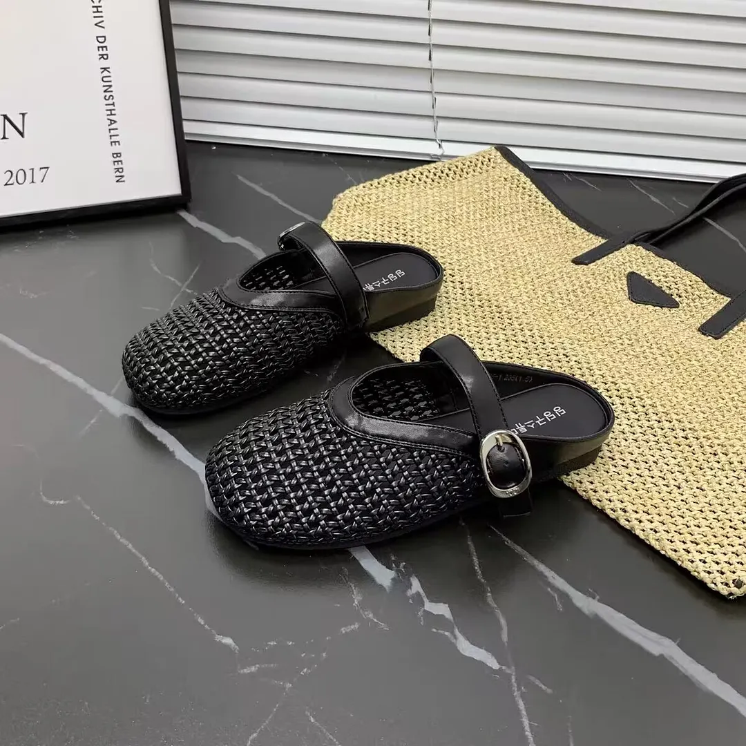 Yyvonne Woven Hollow Bag Head Cool Slippers Women 2025 New One-Word Single Shoes Casual Hole Shoes