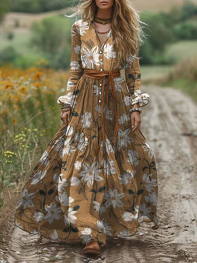 Women's Shirt Collar Floral Print Pocket Cotton Dress