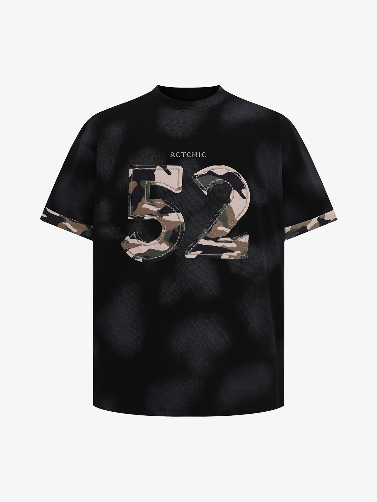 Black Act Chic Camouflage Number Patchwork Distressed Tee Front