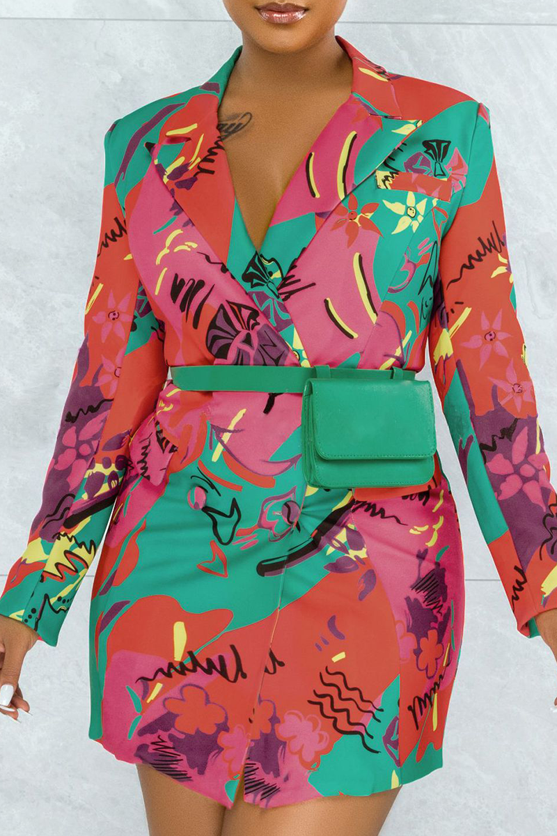 Sexy Print Split Joint Turndown Collar Outerwear