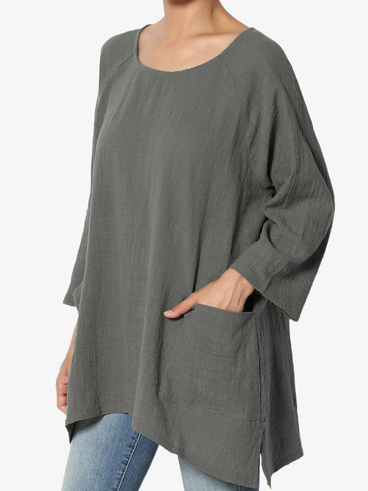 Round Neck Loose Double Pocket Mid Sleeve Cotton Linen Top