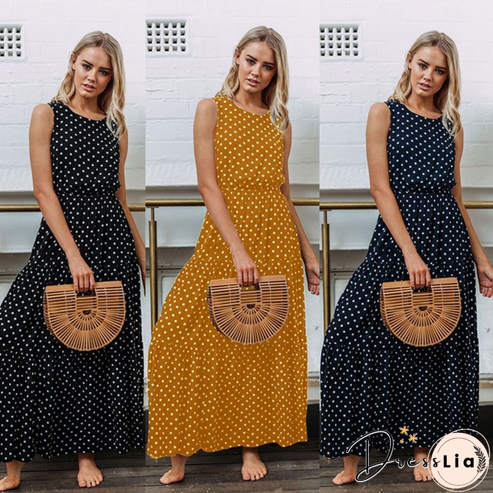 Holiday Summer Women Boho Sleeveless Maxi Polka Dot Dress Casual Beach Long Dress