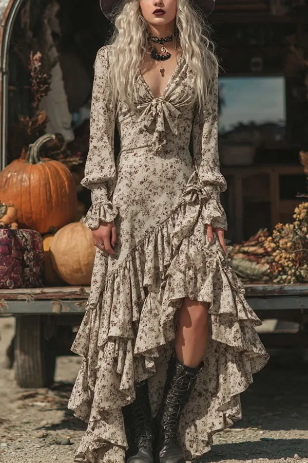Floral Print V-neck Long-sleeved Irregular Ruffle Maxi Dress
