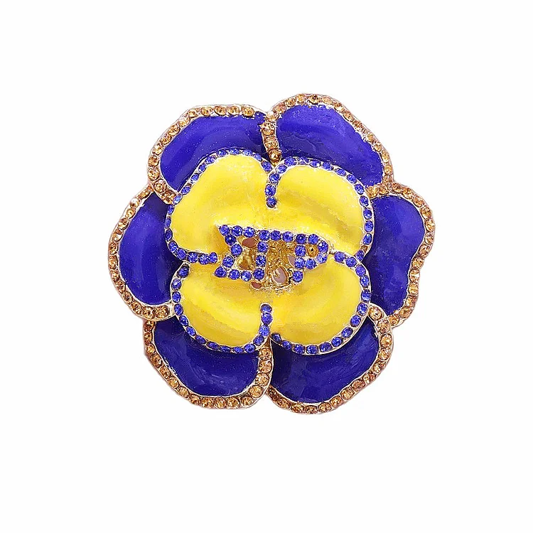 High Quality 3D Double Layers SIGMA GAMMA RHO Royal Blue Yellow Rhinestone Enameled Flower Rose Charm Women Brooch Sorority