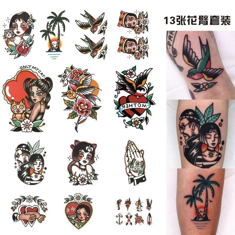 Gingf 13 Pieces/Set European and American Flower Arm SCHOOL Love Rose Swallow Thigh Realistic Temporary Tattoo Sticker