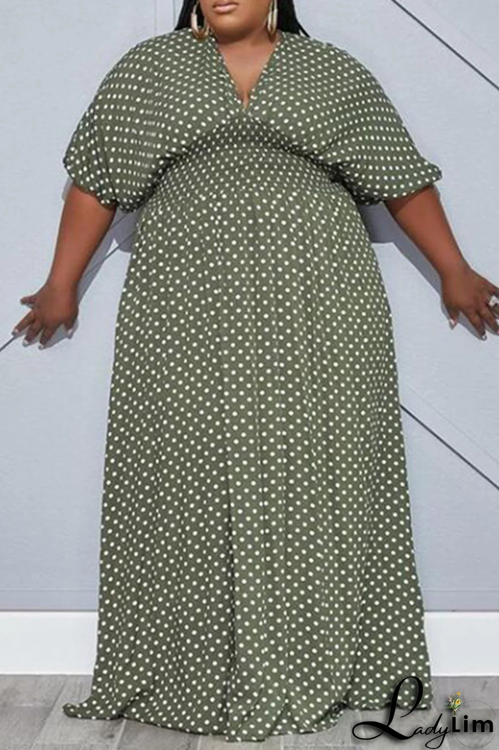 Green Fashion Casual Plus Size Dot Print Patchwork V Neck Long Dress