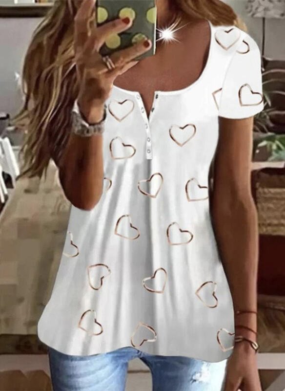 Women's Heart Print Short Sleeves T-shirts Tops