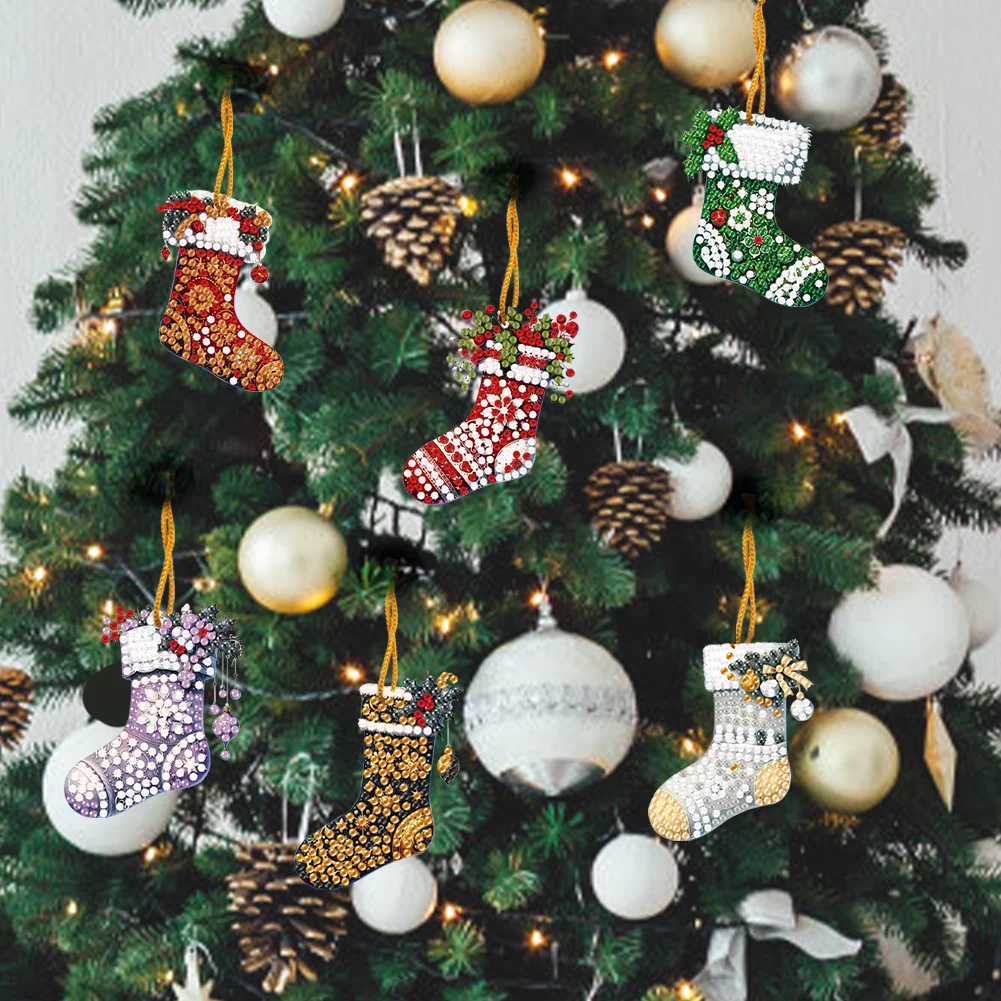 6pcs Xmas Stockings 2D Flat DIY Diamond Art Pendant Wall Door Decoration