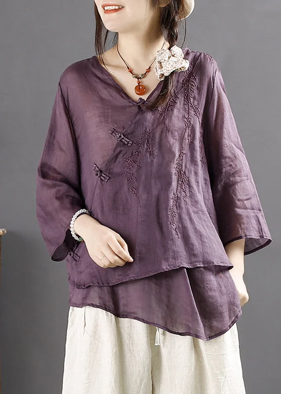 Boho Purple V Neck Embroideried Chinese Button Linen Tops Summer