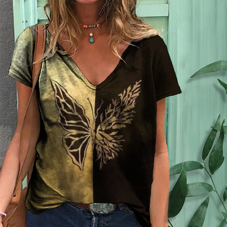 Asymmetric Butterfly Print Short Sleeve T-Shirt