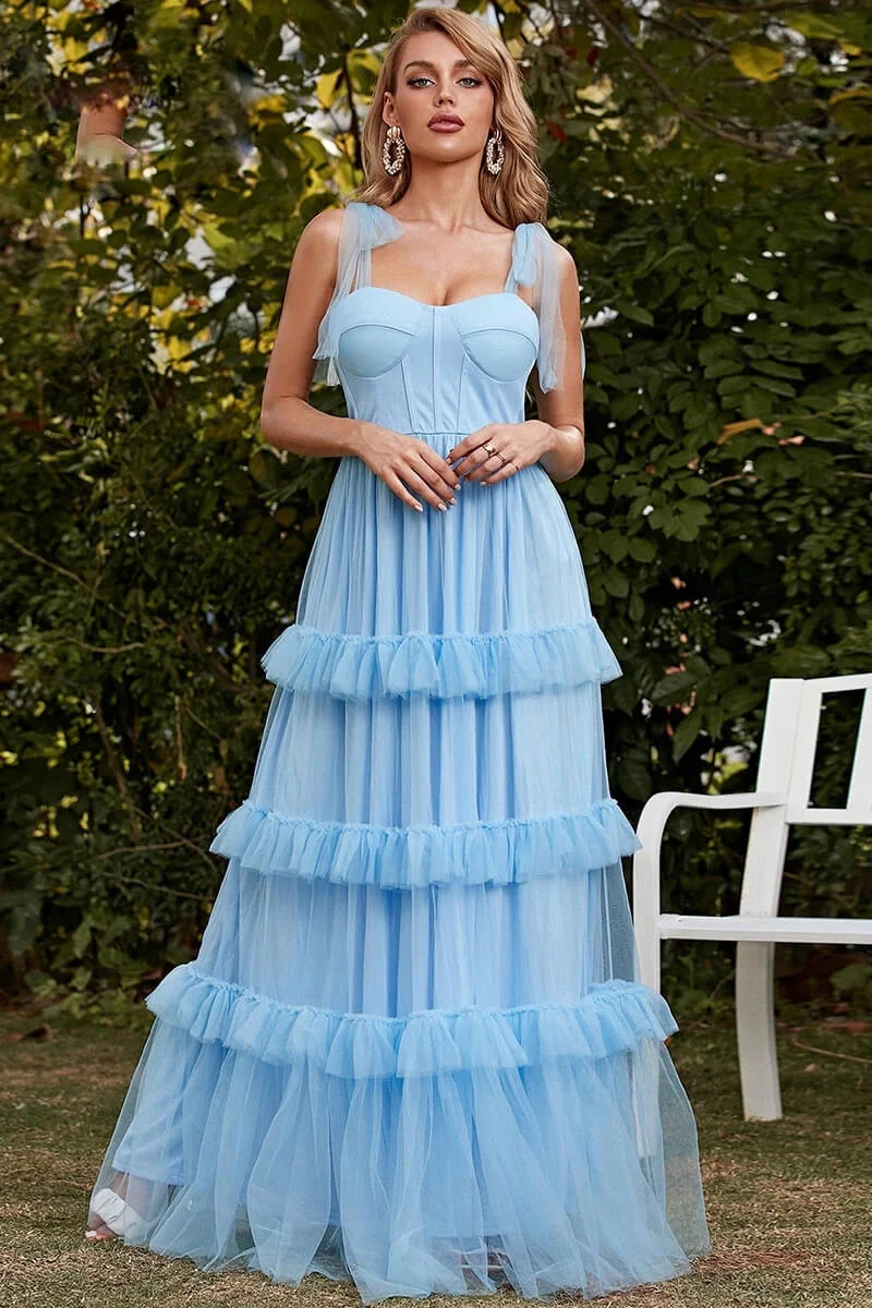 Luluslly Sky Blue Straps Sweetheart Evening Dress Long Tulle Layered