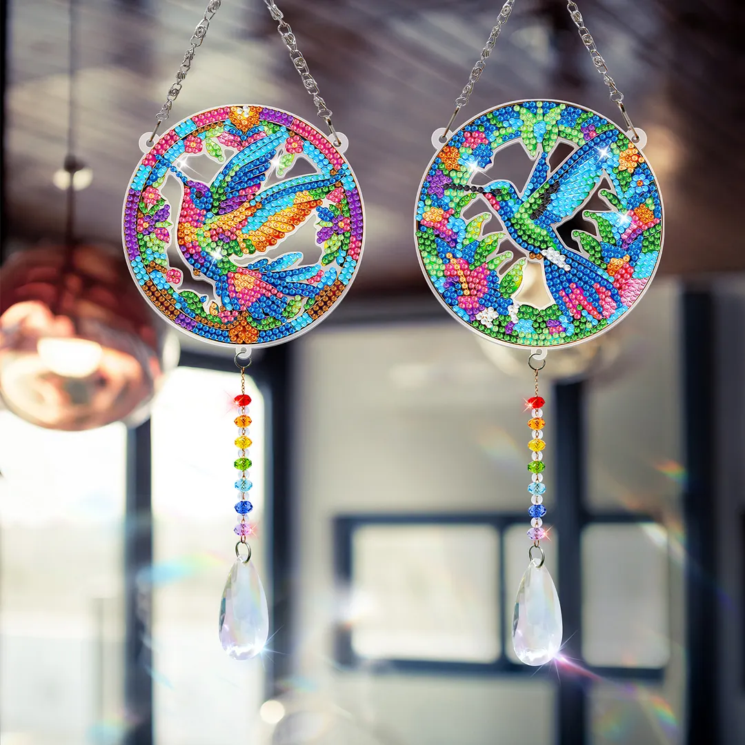 2Pcs Hummingbird DIY Acrylic Diamond Painting Art Wind Chimes with Crystal Pendant Diamond Art Hanging Pendant Double-Sided for Adults Beginners Gift Home Garden Decor