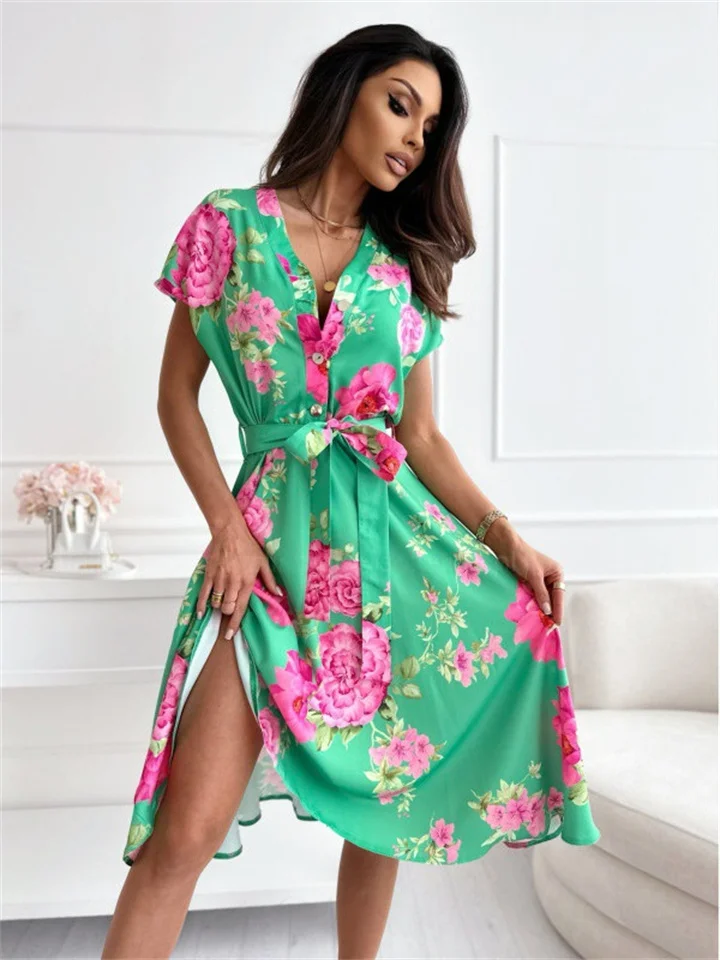 New Temperament Commuter Fashion Print Flowers V-neck Short-sleeved Long Ruffle Dress Urban Wind Dress Female