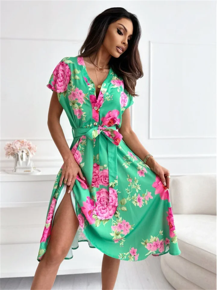 New Temperament Commuter Fashion Print Flowers V-neck Short-sleeved Long Ruffle Dress Urban Wind Dress Female-Cosfine
