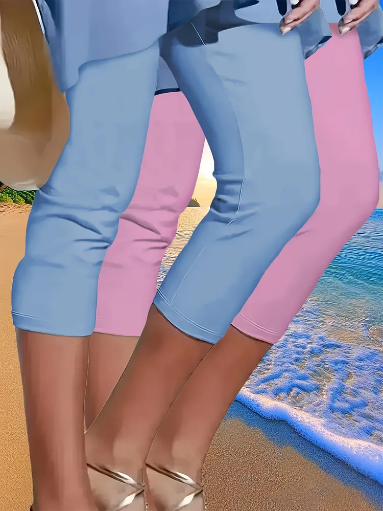 2pcs Women's Solid Color Capri Tights - Soft, Stretchy, Casual Wear For Spring & Summer