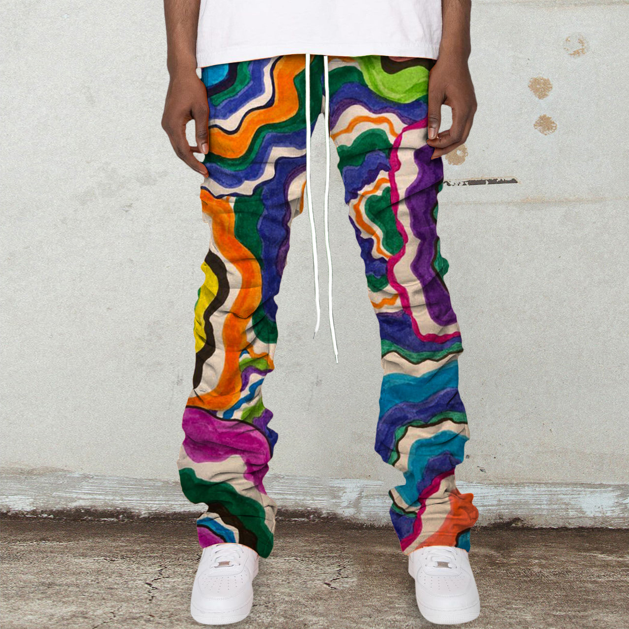 Contrast print stacking trousers street trousers