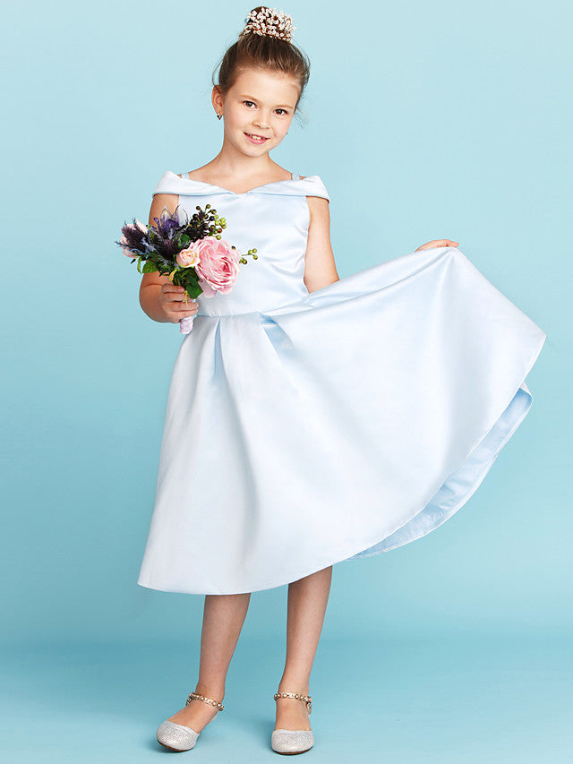 Oknass Princess A-Line Off Shoulder Tea Length Satin Junior Flower Girl Dress With Pleats