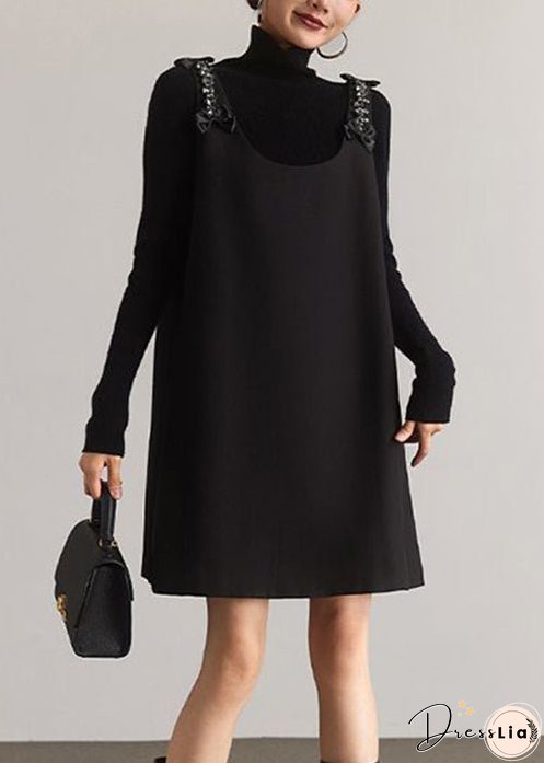 Italian Black O-Neck Zircon Patchwork Cotton Mid Dress Sleeveless
