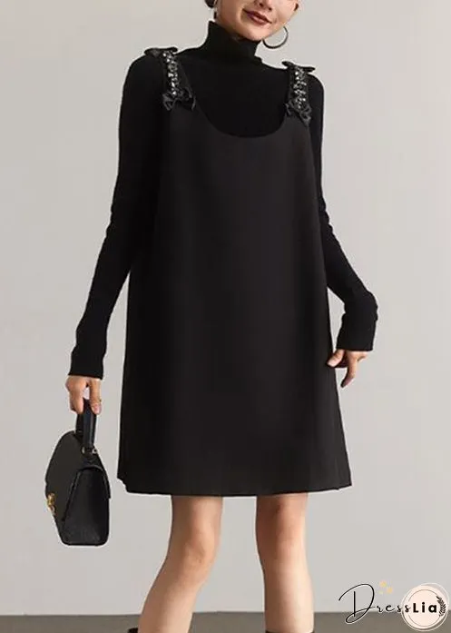 Italian Black O-Neck Zircon Patchwork Cotton Mid Dress Sleeveless
