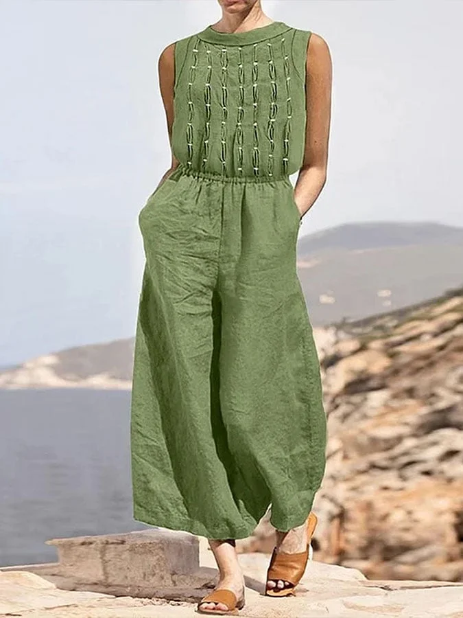 Women's cotton and linen casual jumpsuit