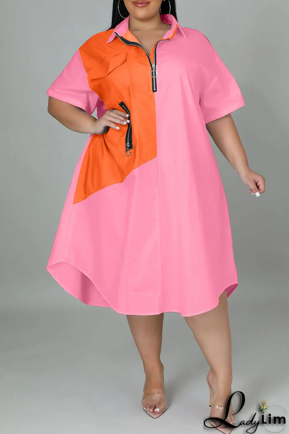 Light Blue Casual Solid Patchwork Zipper Collar Straight Plus Size Dresses