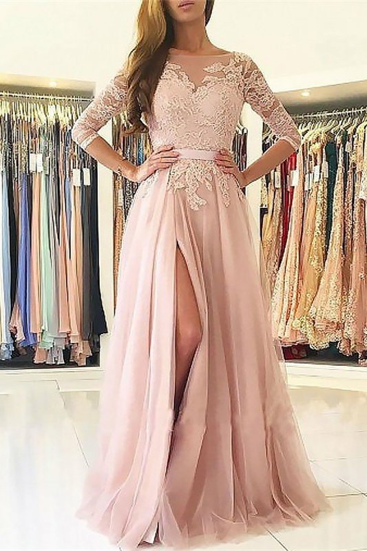 Luluslly Pink 3/4 Sleeves Appliques Prom Dress With Split