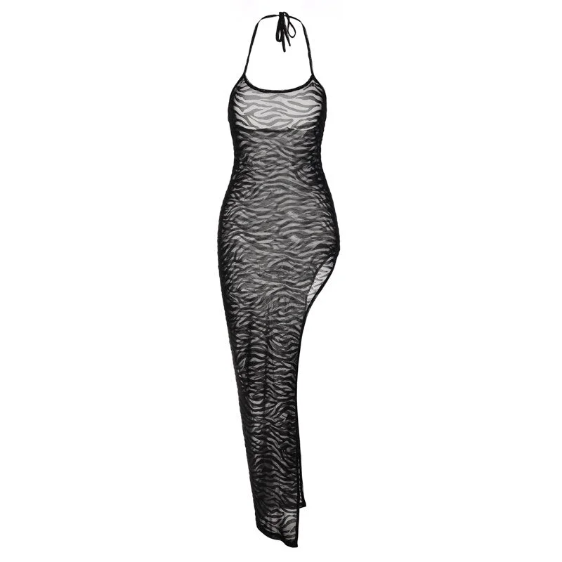 Hugcitar Mesh Leopard Print Slip Sleeveless See Through Slit Irregular Sexy Midi Dress Bodycon 2022 Summer Nightclub Party Women