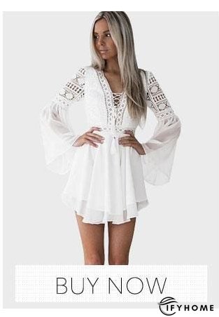 Hollow Out Chiffon Dress Cross Bandage Lace V-Neck Long Sleeve Dress | IFYHOME