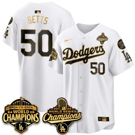 Men's Los Angeles Dodgers #50 Mookie Betts White 2025 World Series Champions Jersey