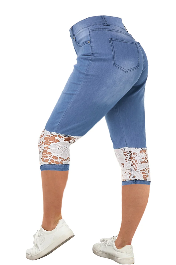 Casual Blue Denim Lace Stitching Elastic High Waist Cropped Pants  Flycurvy [product_label]