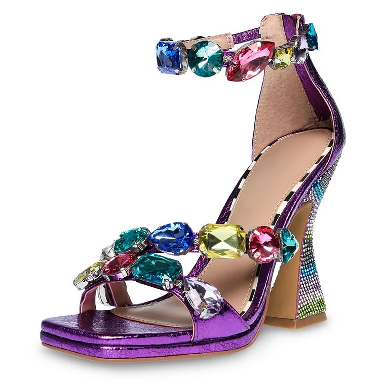 Purple Open Square Toe Flared Heel Ankle Strap Rhinestone Sandals |FSJ Shoes