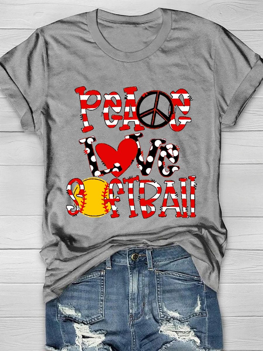 Peace Love Softball Print Short Sleeve T-Shirt
