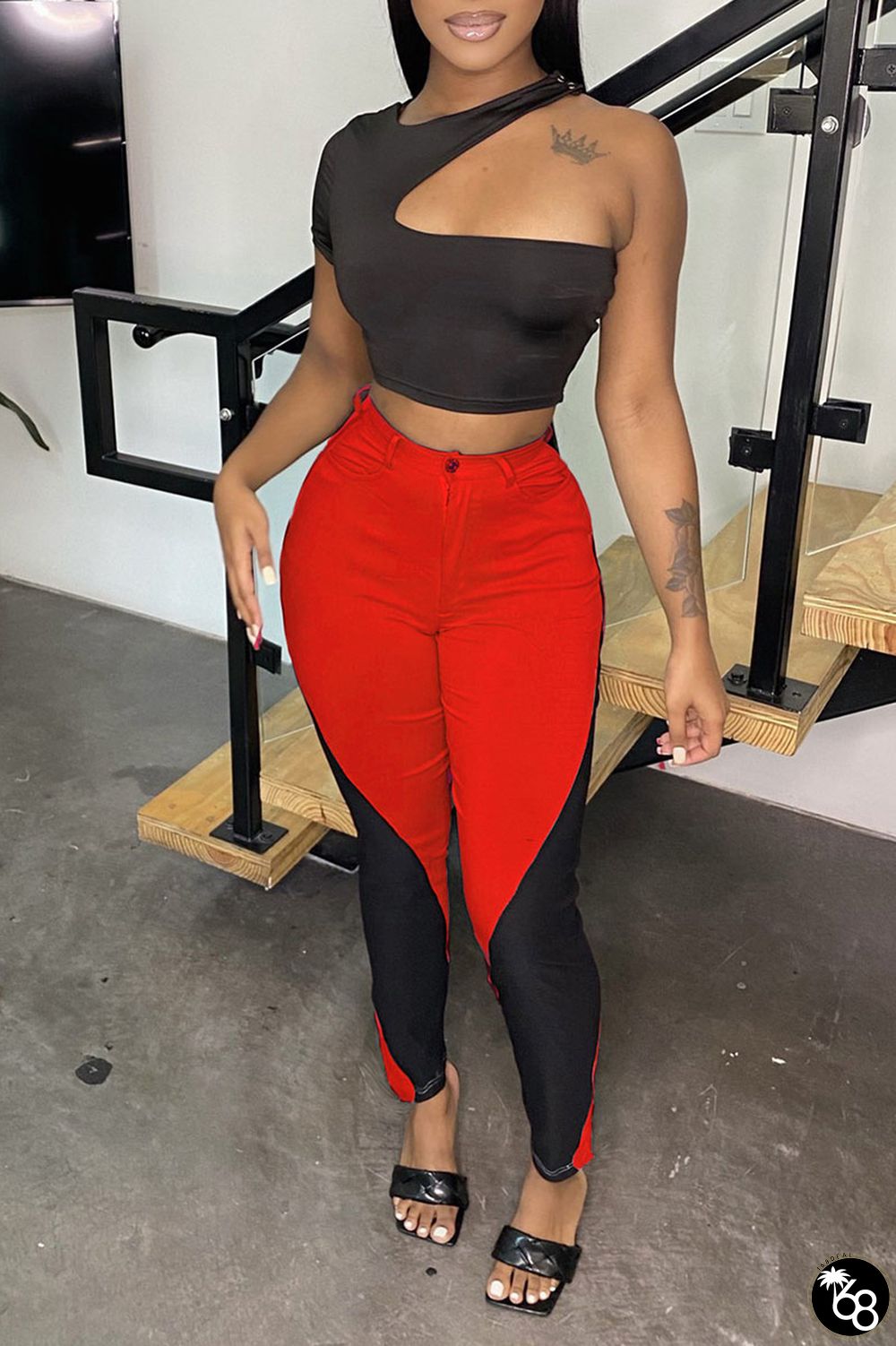 Red Fashion Sexy Patchwork Hollowed Out One Shoulder Long Sleeve Two Pieces | 168DEAL