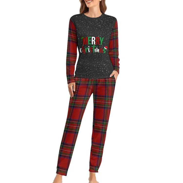 Womens Pajamas Two Piece Set Merry Christmas Christmas Plaid customized, personalized, gift