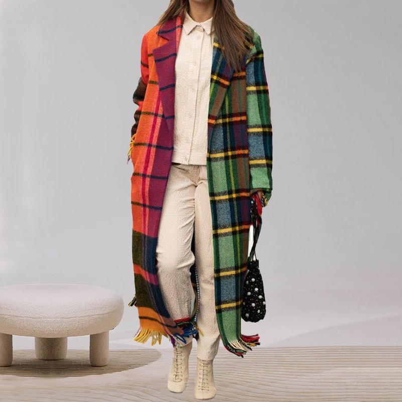 Long-Sleeved Color-Block Plaid Printed Woolen Coat