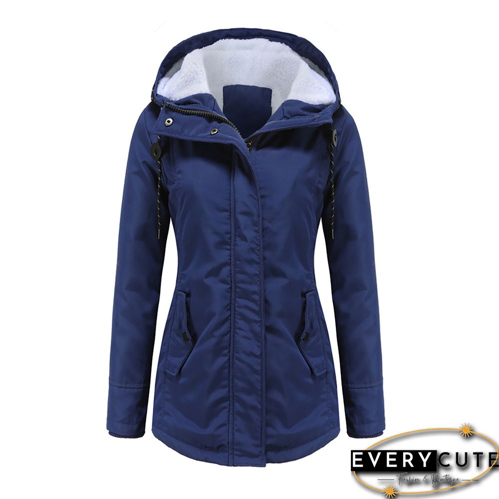 Navy Blue Plush Warm Hooded Parka Coat