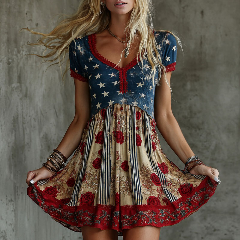 Comstylish Women's Vintage Rose Flag Art Stripe Print Mini Dress