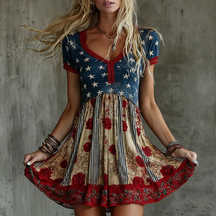Women's Vintage Rose Flag Art Stripe Print Mini Dress