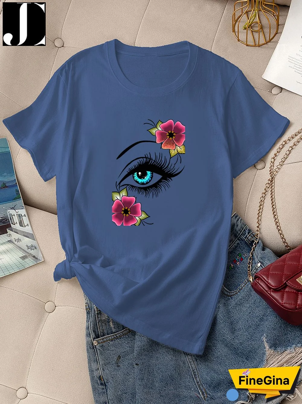 Casual Summer Daily T-shirt Women 100% Cotton Short Sleeve Rose Eye Print Female Graphic Fashion T Shirt Ladies O-Neck Tees Tops
